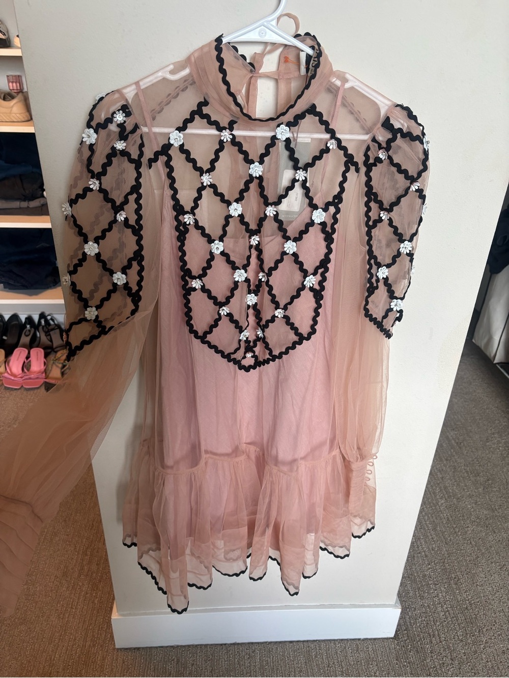 Alemais Blush Pink Tulle Long-Sleeve Dress with Black Trim
